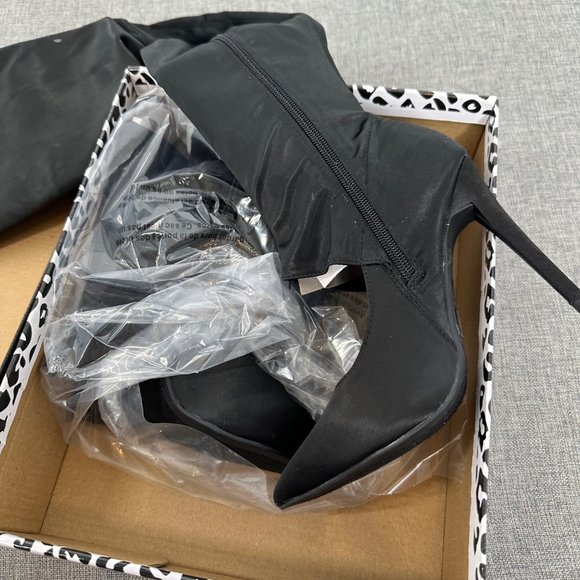 Anne Michelle Womens Over The Knee‎ Boots Size 6 Black Stiletto Pointy Toe Satin - Picture 4 of 11